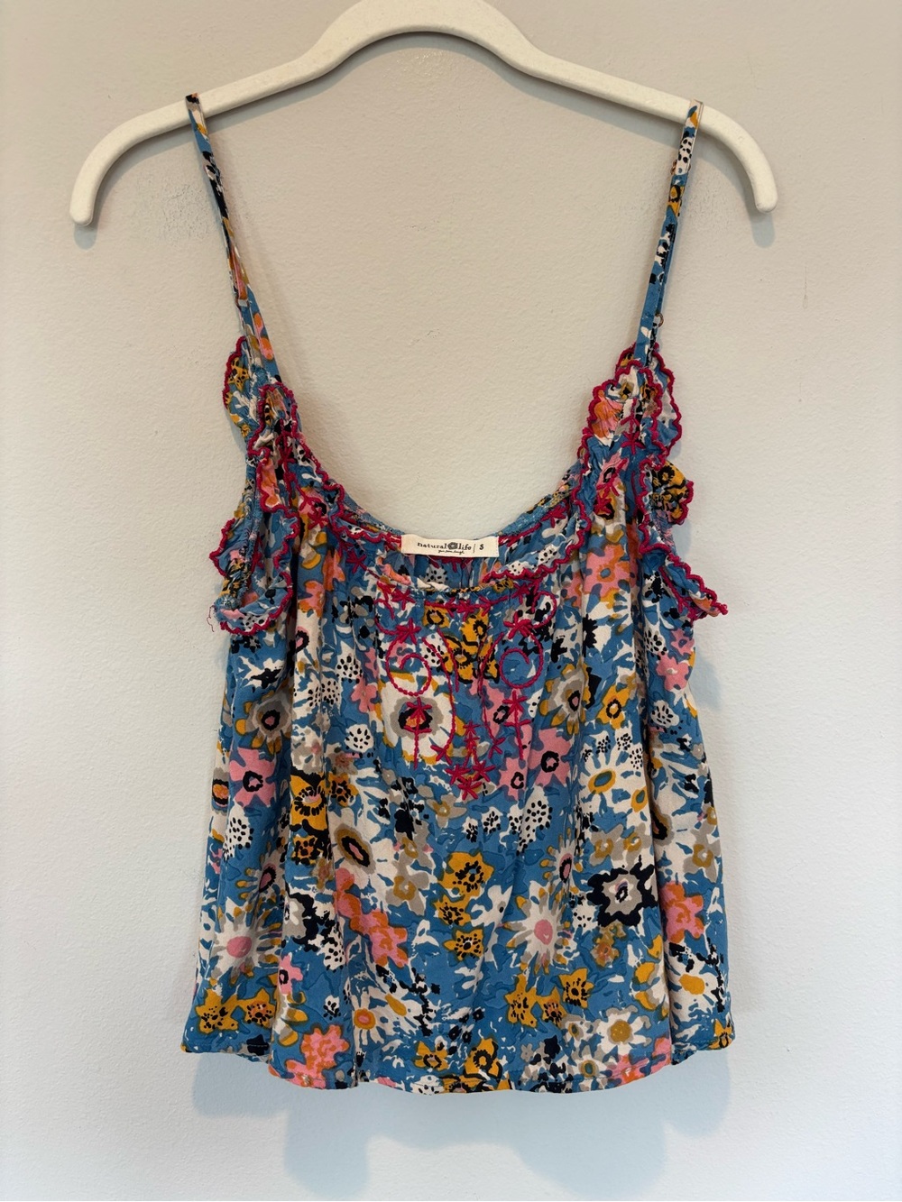 NATURAL LIFE Blue Floral Embroidered Spaghetti Strap Camisole - Picture 1 of 4